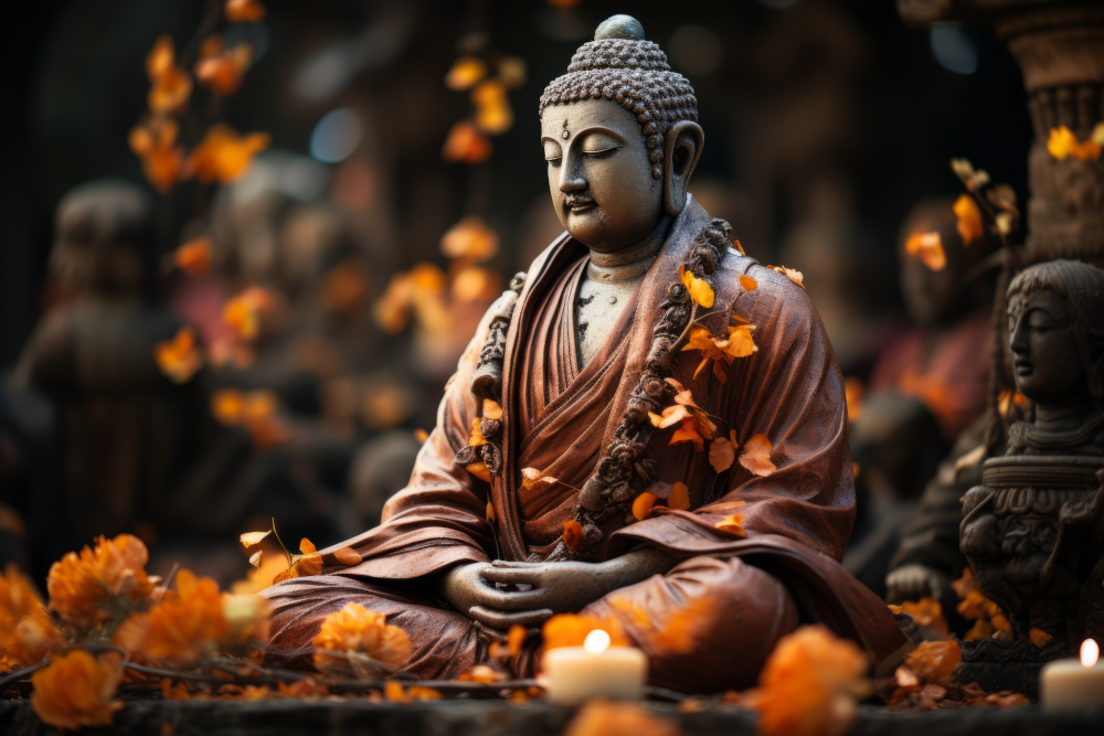 A statue of the Buddha meditating amongst candles and flowers
