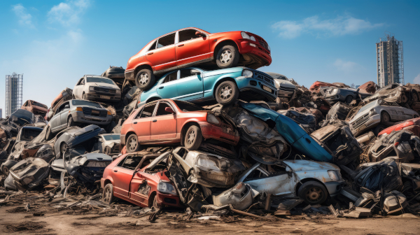 cars in a heap in a scrapyard