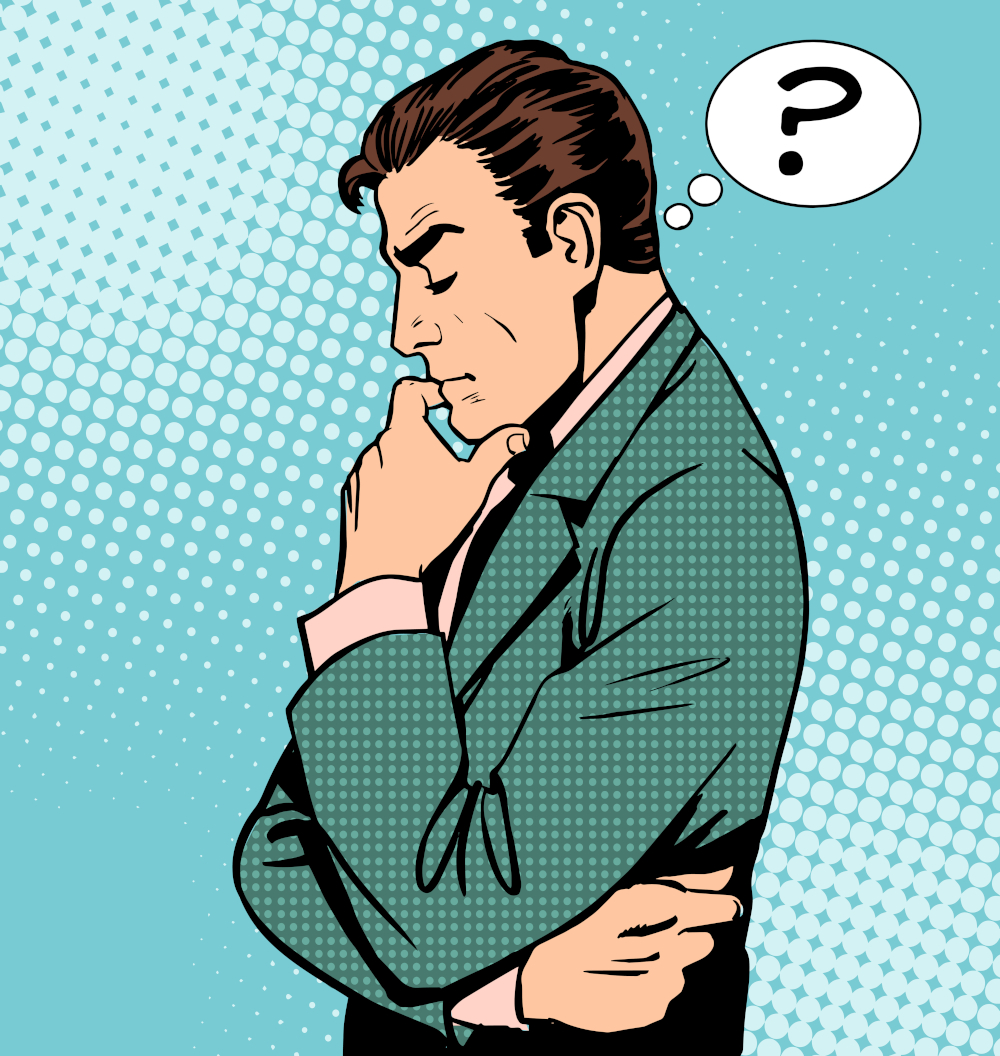 A man looking puzzled with question mark over head